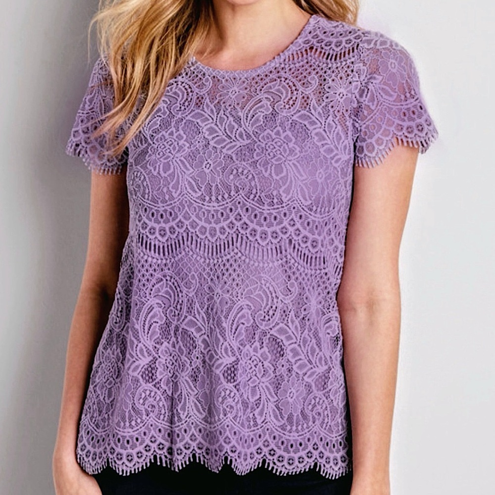 Maurices Lace Sheer Tee Split Back Scalloped Hem Women Size Small Purple NEW